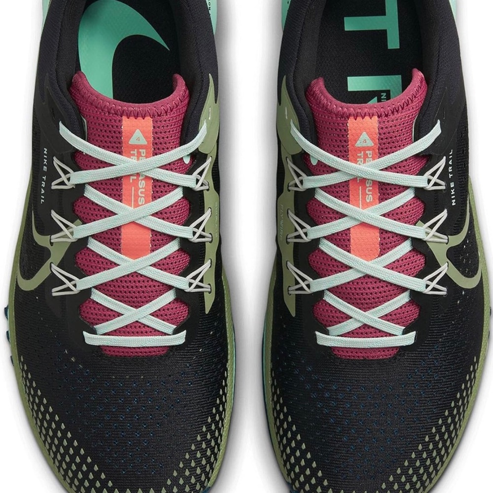 Mens Nike 4 Pegasus Trail Color is Black Alligator, Canyon Rust, and Mint Foam.